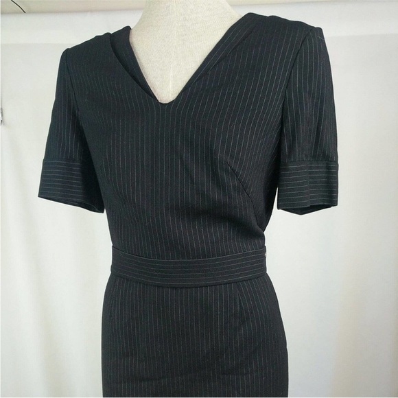 Escada Pinstripe Career Dress Double V Neck Midi Fitted Sheath Size 40/US 10 - Picture 7 of 13